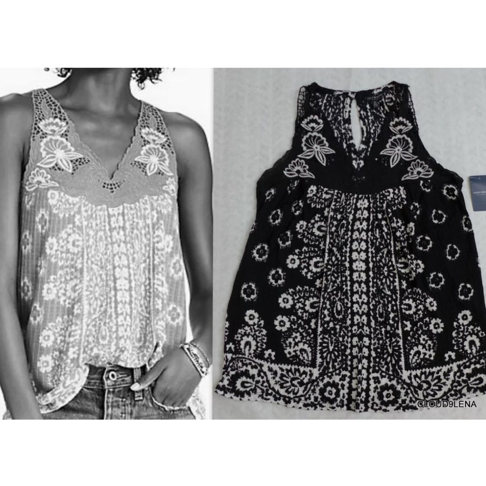 Lucky Brand Embroidered Knit Linen Blend V-neck Y2K Top